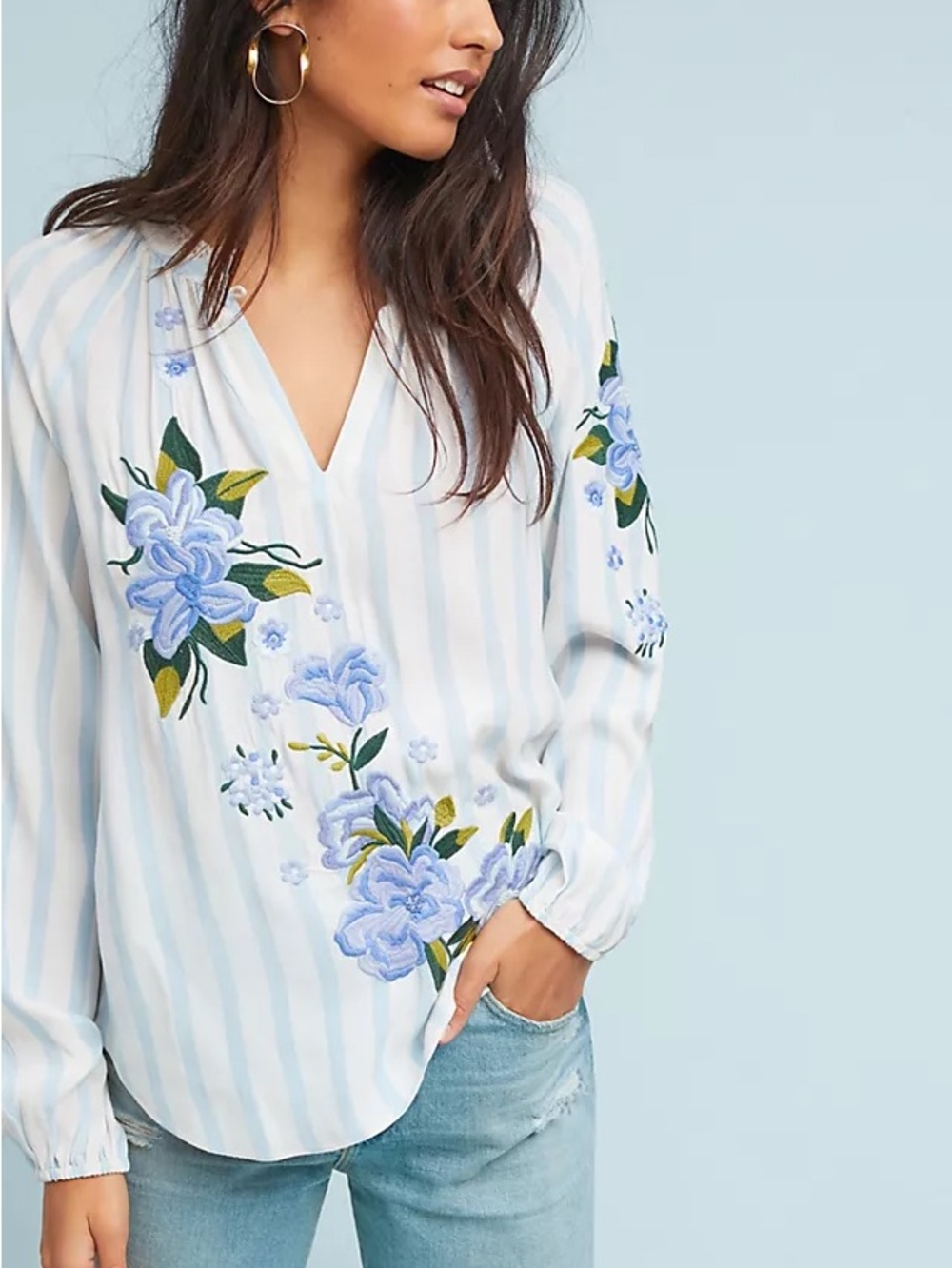 Anthropologie Embroidered & Striped Blouse Sz M Boho Cottagecore Nature Relaxed - Picture 2 of 11